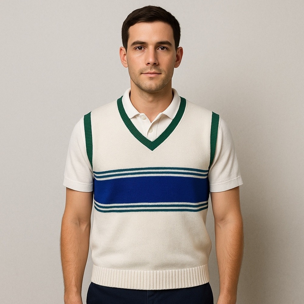 Vintage 70s Tenniscore Sweater Vest‎ White Green Blue Striped Preppy Ivy Y2K L